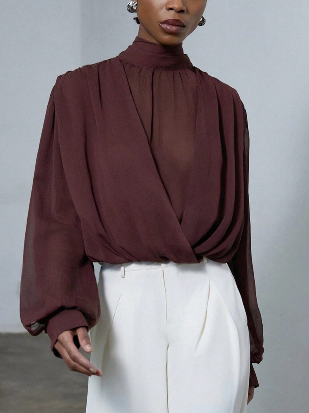 Rusty Rose Elegant Women's Tie Neck Detail Mock Neck Blouse - Picture 5 of 5